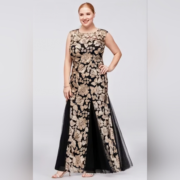 Alex Evenings/David's Bridal, Champagne-Black, Embroidered, Tulle Godets, Sz. 16 - Picture 3 of 15
